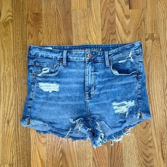American Eagle Outfitters Pants - American Eagle Women’s Medium Wash Distressed Hi-Rise Shortie Denim Short Sz 12